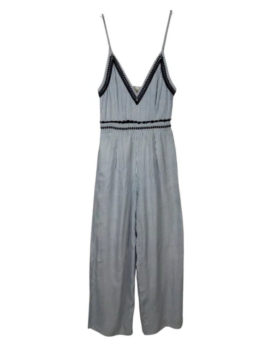 Japna Navy/White Striped Embroidered Spaghetti Strap Wide-Leg Jumpsuit Rayon - S